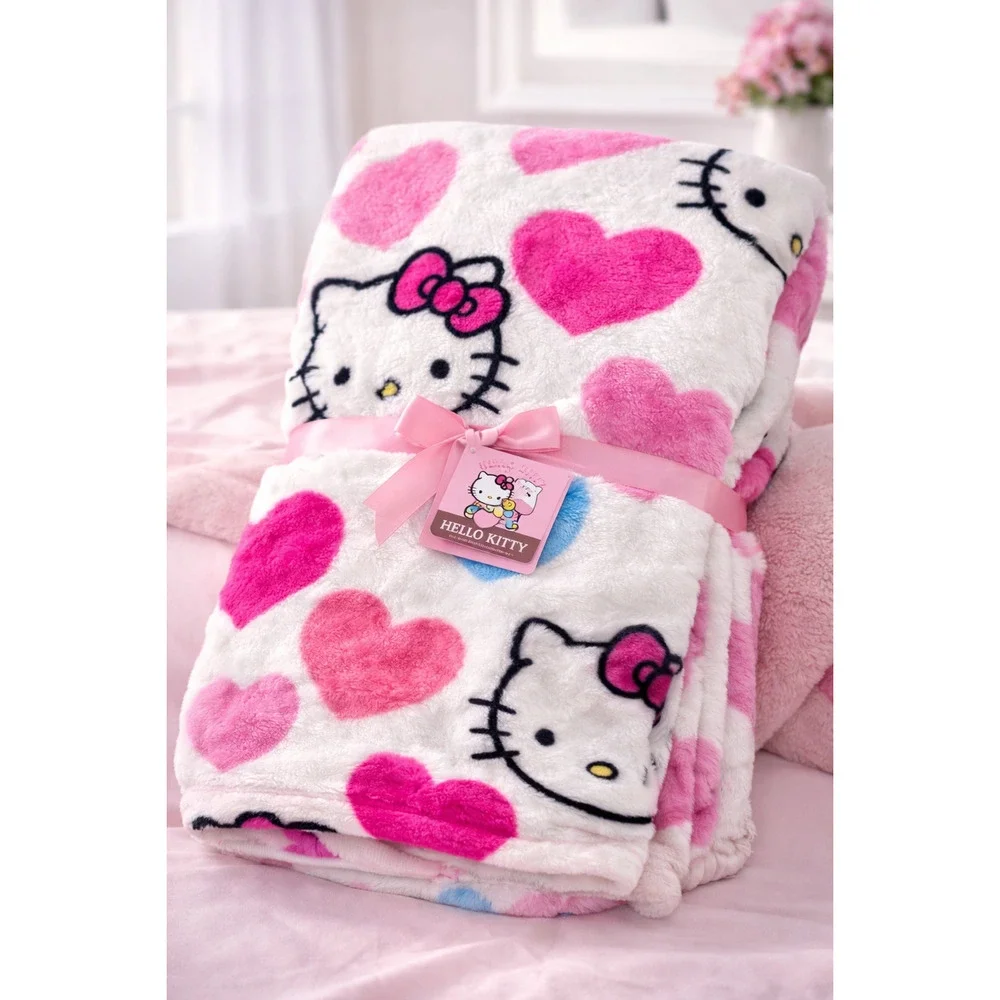 Hello Kitty Candy Hearts Colorful Faux‎ Fur Rabbit Throw Blanket 50in x 70in New